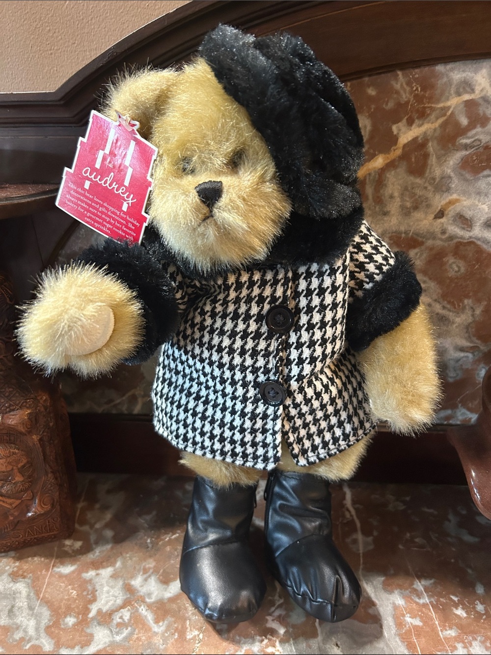 Vintage “Audrey” Plush Bear in Black and Cream Houndstooth Coat with Black Boots